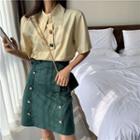 Color Button Short-sleeve Shirt / High-waist Skirt