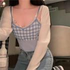 Gingham Knit Camisole Top / Ribbed Cardigan