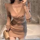 V-neck Shirred Mini Sheath Dress