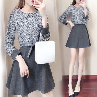 Contrast Cuff Print Panel A-line Dress
