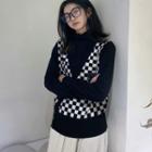 Mock Two-piece Checkerboard Panel Knit Top Check - Black & White - One Size
