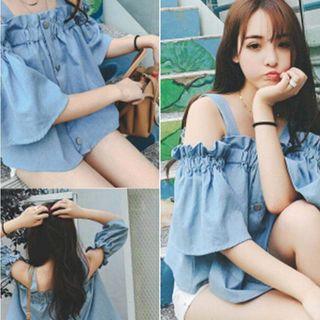 Short-sleeve Ruffled Off-shoulder Denim Top Blue - M