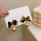 Bow Fabric Faux Pearl Dangle Earring 1 Pair - S925 Silver - Khaki - One Size