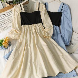 Square-neck Puff-sleeve Colorblock Midi Dress