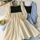 Square-neck Puff-sleeve Colorblock Midi Dress