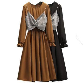 Set: Long-sleeve Midi A-line Dress + Twist-front Camisole Top