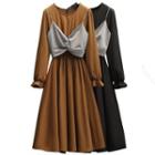 Set: Long-sleeve Midi A-line Dress + Twist-front Camisole Top