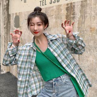 Long-sleeve Plaid Shirt / Plain Knit Tank Top
