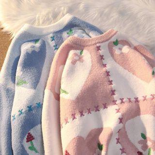 Long-sleeve Heart Printed Color-block Knit Sweater