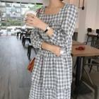 3/4-sleeve Plaid Midi Dress As Shown In Figure - One Size