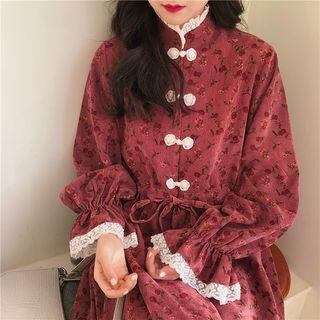 Bell-sleeve Floral Frog-buttoned Midi Dress As Shown In Figure - One Size