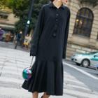 Long-sleeve A-line Collared Dress Black - One Size