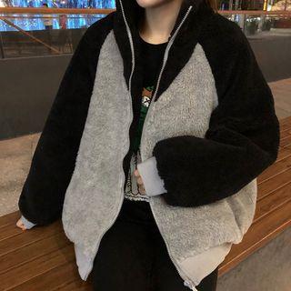 Color Block Fleece Zip Jacket Black & Gray - One Size
