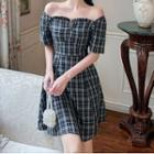 Off-shoulder Short Sleeve Plaid Mini A-line Dress