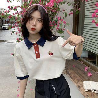 Short-sleeve Cherry Embroidered Polo Shirt Off-white - One Size