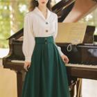 Set: Plain Blouse + High Waist A-line Midi Skirt