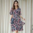 V-neck Elbow-sleeve Pattern Midi Dress With Sash