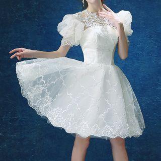 Embroidered Short-sleeve Cocktail Dress