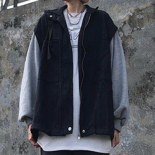 Front Pocket Panel Sleeve Zip Jacket Black - One Size
