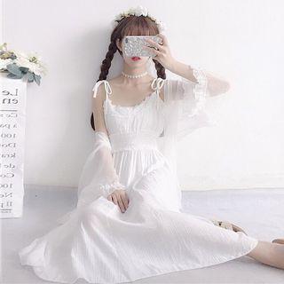 Ruffle Trim Open-front Jacket / Lace Trim Spaghetti Strap Dress