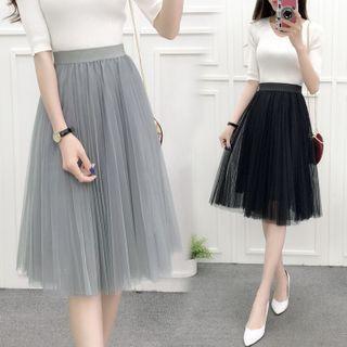 Accordion Pleat Lace Mesh Skirt