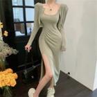 Set: Spaghetti-strap Slit Sheath Dress + Cropped Cardigan