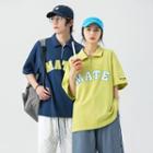 Couple Matching Short-sleeve Letter Embroidered Half-zip Polo Shirt