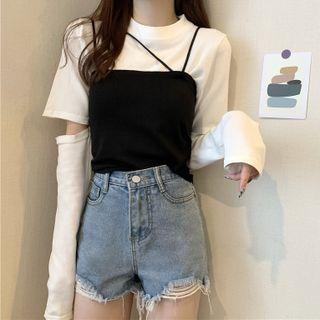 Set: Long-sleeve T-shirt + Strappy Knit Top