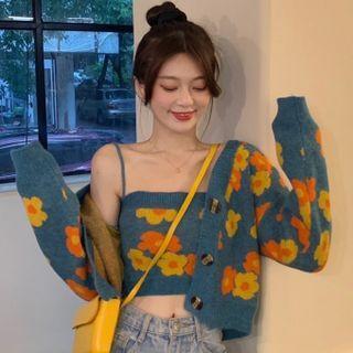 Set : Flower Print Camisole Top + Long-sleeve Cardigan