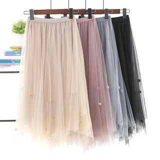 Pom Pom A-line Midi Mesh Skirt