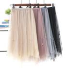 Pom Pom A-line Midi Mesh Skirt