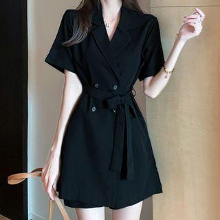 Short-sleeve Notch Lapel Wide-leg Romper