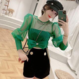 Long-sleeve Dotted Mesh Top / High-waist Shorts