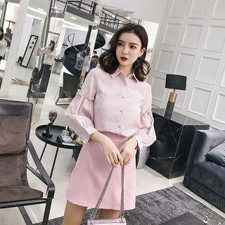 Set: Frilled Trim Striped Blouse + A-line Skirt