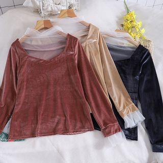 Mock Two-piece Mesh Panel Velvet Long-sleeve Top