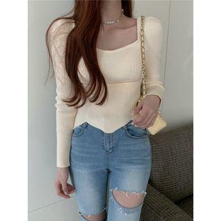 Long-sleeve Cropped Knit Top Beige - One Size