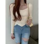 Long-sleeve Cropped Knit Top Beige - One Size
