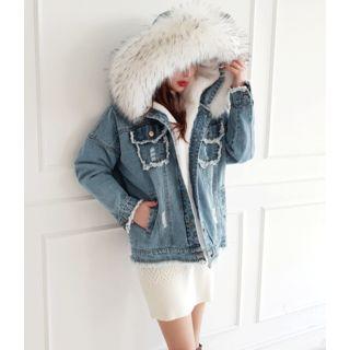 Hooded Faux-fur Lining Distressed Denim Jacket