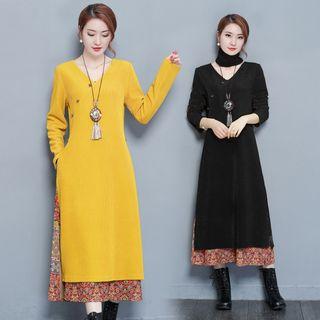 Mock Two Piece Floral Panel Long-sleeve Midi Knit Dress