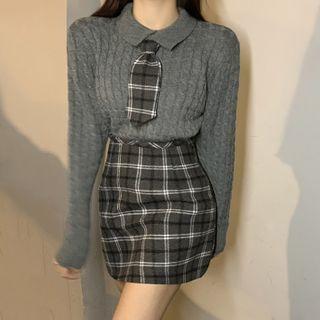 Sweater / Plaid Mini Fitted Skirt / Double Breasted Coat
