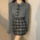 Sweater / Plaid Mini Fitted Skirt / Double Breasted Coat