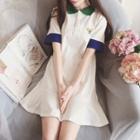 Embroidered Color Panel Short Sleeve Polo Shirtdress