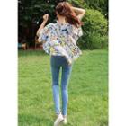 Open-front Floral Print Cardigan Sky Blue - One Size