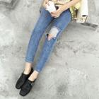 Rose Embroidered Ripped Slim-fit Jeans