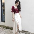 Square Neck Short-sleeve Top / Slit Midi Skirt