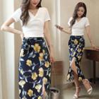 Set: V-neck Short-sleeve T-shirt + Slit Floral Print Midi Skirt