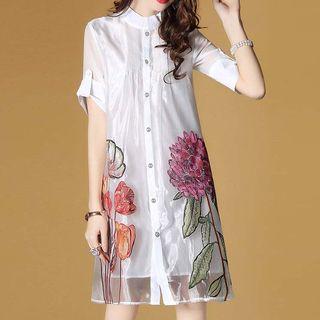 Flower Embroidered Short-sleeve Shirtdress