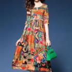 Printed Elbow-sleeve A-line Midi Chiffon Dress