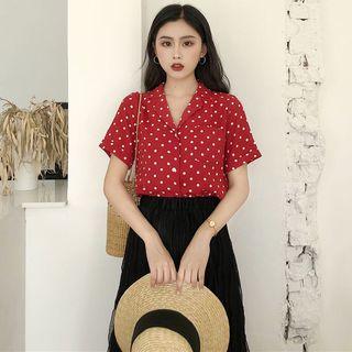 Dotted Short-sleeve Shirt / A-line Midi Skirt