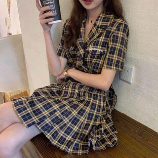 Plaid Double-breasted Short-sleeve A-line Dress As Shown In Figure - One Size